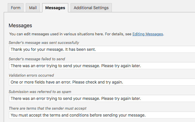 Contact Form 7 Messages Settings
