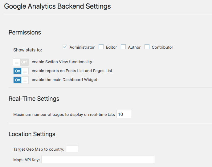 Google Analytics Dashboard Backend Settings